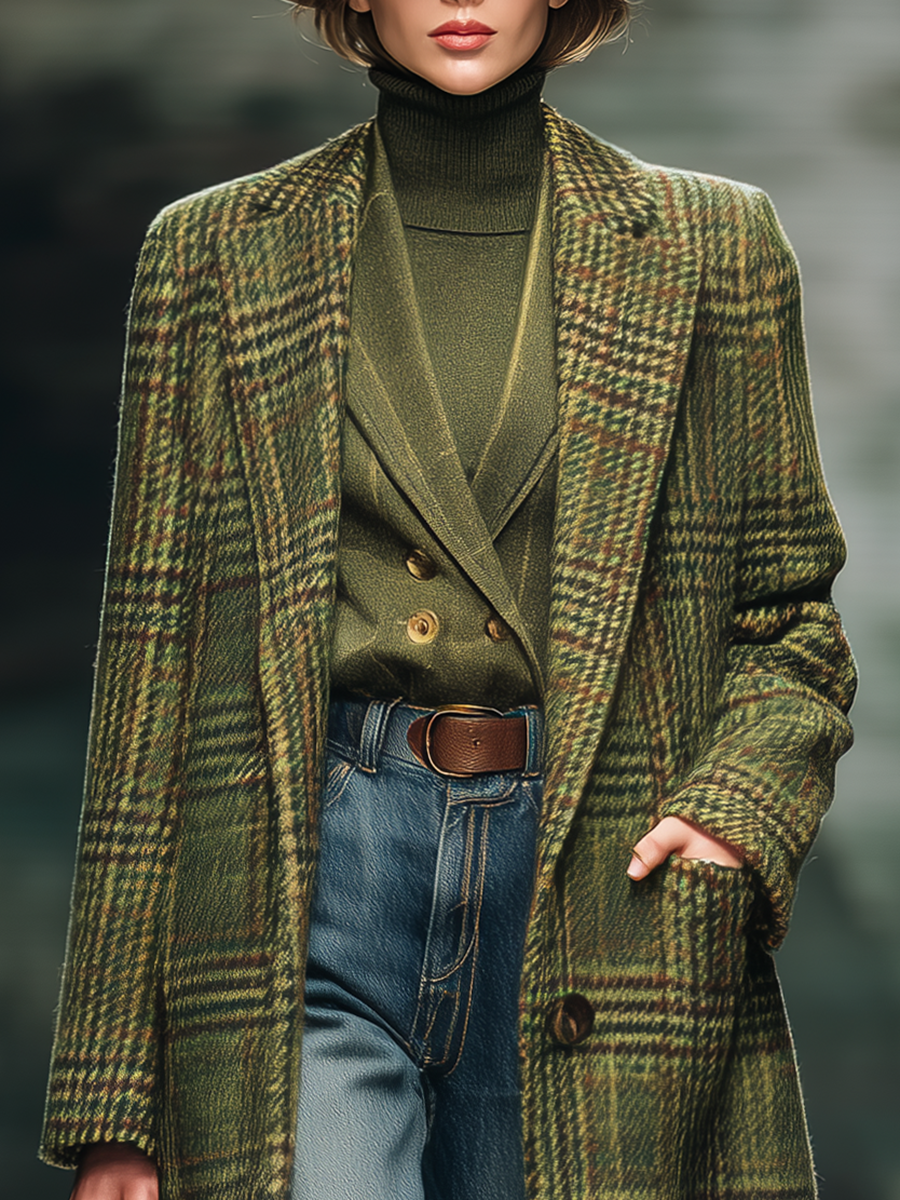 Veste Longue en Laine à Motif Carreaux Vintage