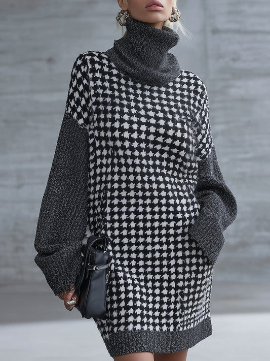 Élégante Robe Mini en Tricot Houndstooth Grise avec Col Montant
