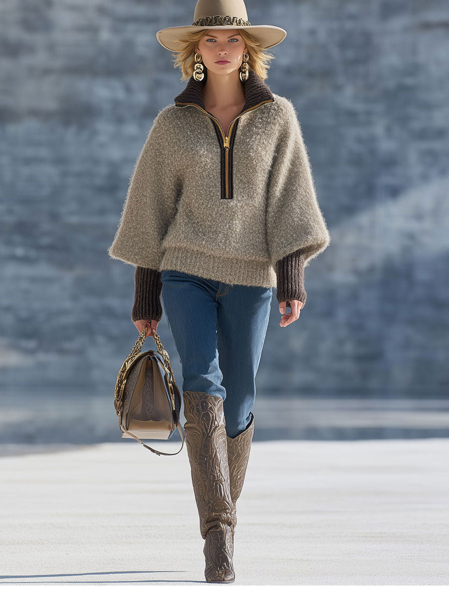 Pull Vintage Kaki en Mohair à Fermeture Éclair