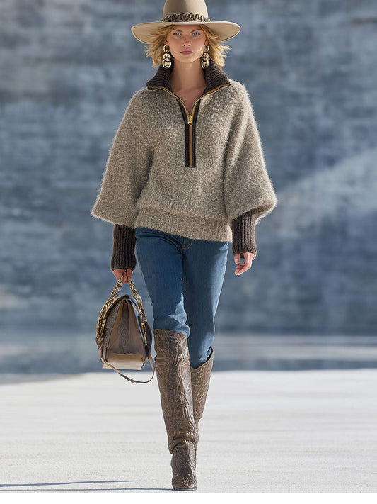 Pull Vintage Kaki en Mohair à Fermeture Éclair