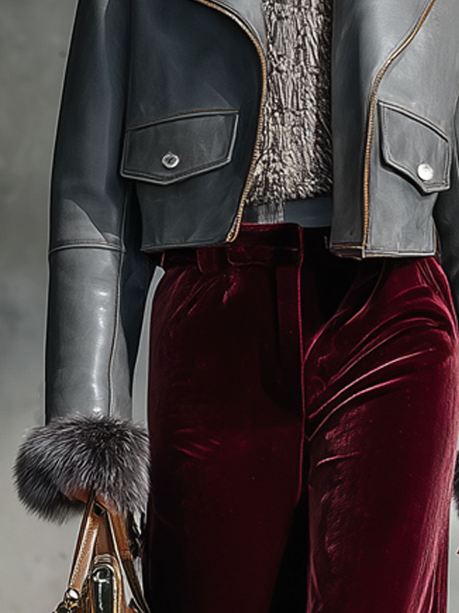 Veste Grise en Simili Cuir avec Col en Fourrure Zippé - Style Vintage Décontracté