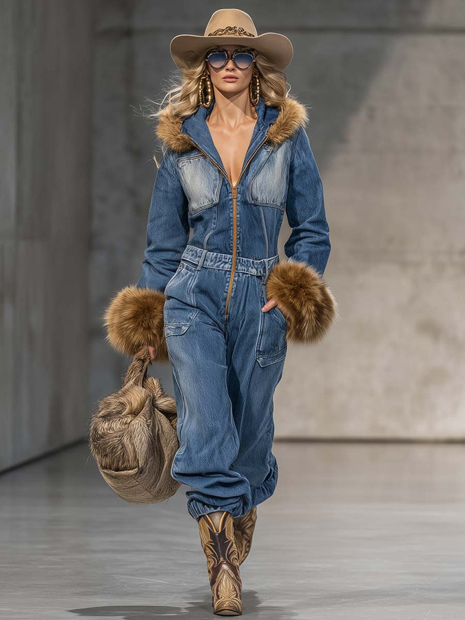 Salopette en Jean Bleu Vintage Wild West avec Capuche et Manches en Éco-Fourrure