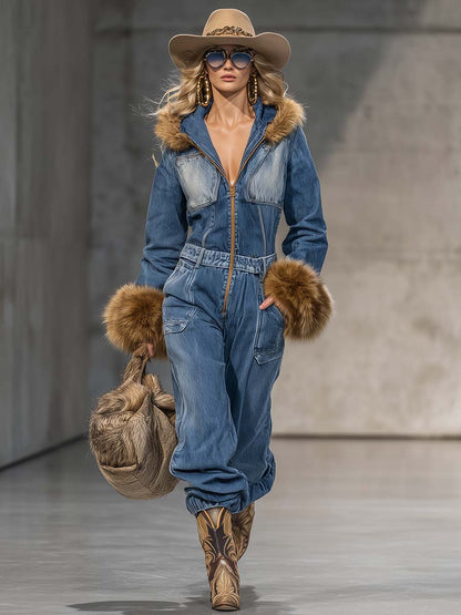 Salopette en Jean Bleu avec Capuche Vintage Wild West et Manches en Éco-Fourrure à Zip