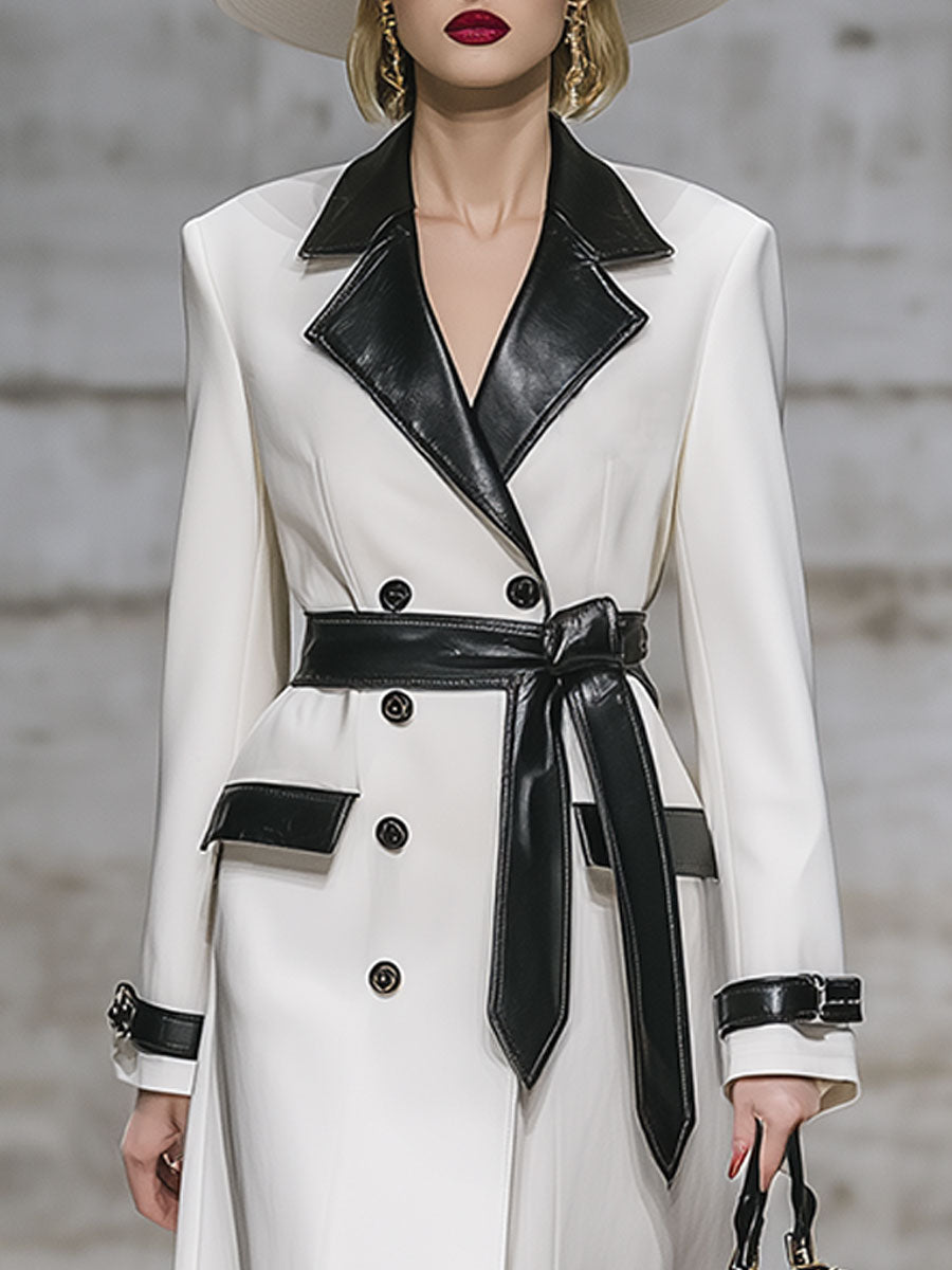 Élégant Manteau Mi-Long en Simili Cuir avec Col et Détails Blancs