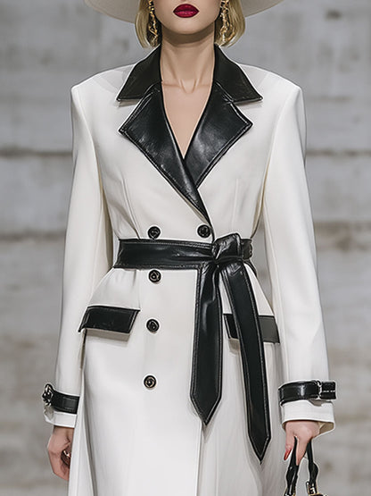 Élégant Manteau Mi-Long en Simili Cuir avec Col et Détails Blancs