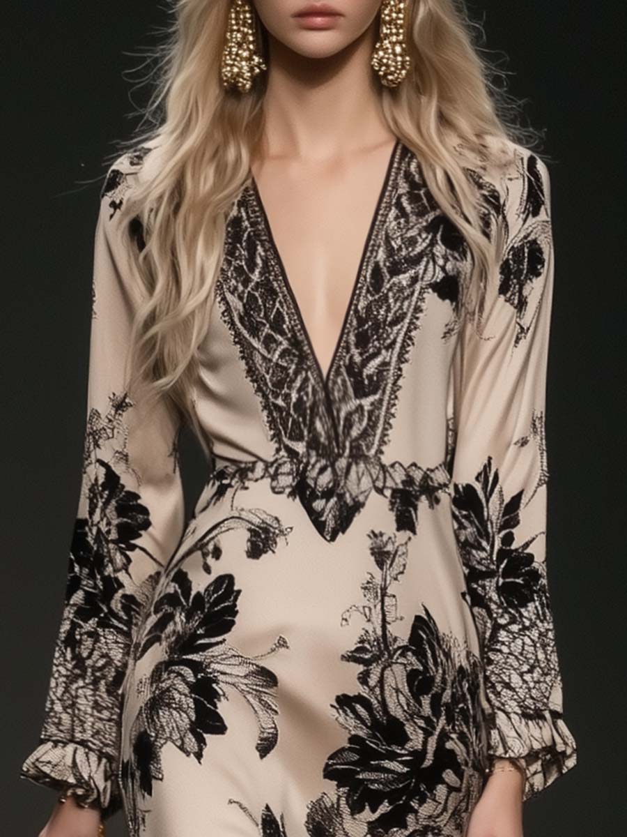 Robe Maxi Bohémienne en Satin Beige à Imprimé Floral avec Franges et Décolleté en V