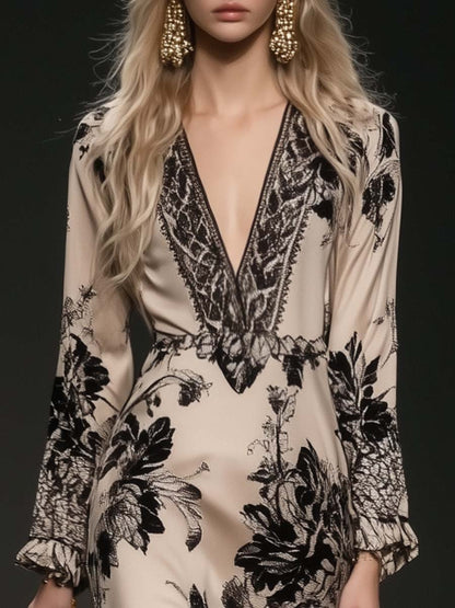 Robe Maxi Bohémienne en Satin Beige à Imprimé Floral avec Franges et Décolleté en V