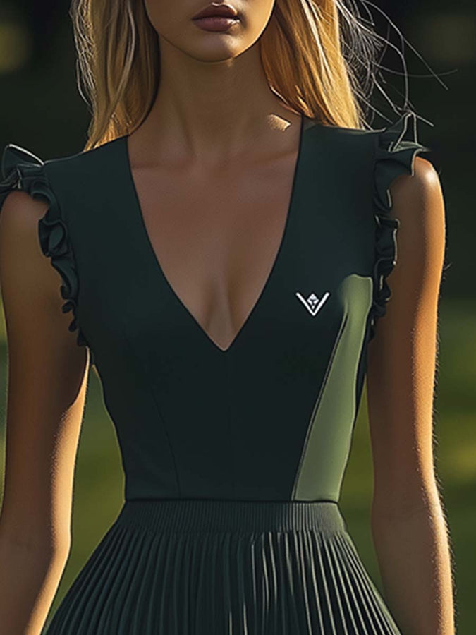 Robe Mini Élastique Vert Foncé avec Col V et Ourlet Plissé Chic