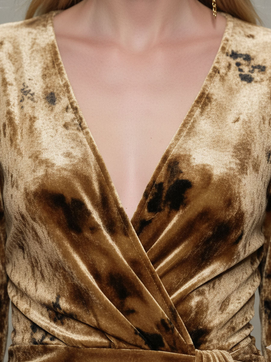 Exquisite Caramel Printed Velvet Midi Dress with Vintage Charm