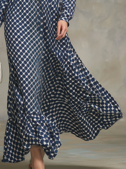 Robe Maxi Rétro en Chiffon Épais à Pois Bleus avec Décolleté en V