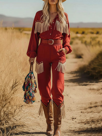 Ensemble Vintage Western en Suédine Rouge avec Chemise à Manches Longues et Pantalons Frangés