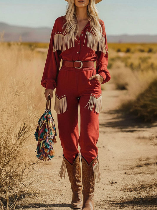 Ensemble Western Rétro : Chemise Longue en Suédine Rouge et Pantalon à Franges