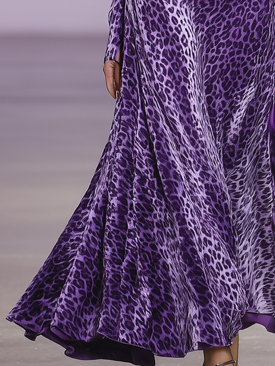 Robe Maxi en Velours Imprimé Léopard Violet avec Capuche