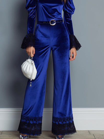 Ensemble Chic : T-shirt en Velours à Col Roulé avec Dentelle et Pantalon Large