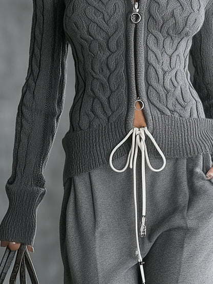 Cardigan Gris Classique en Tricot Torsadé avec Fermeture Éclair Double Sens