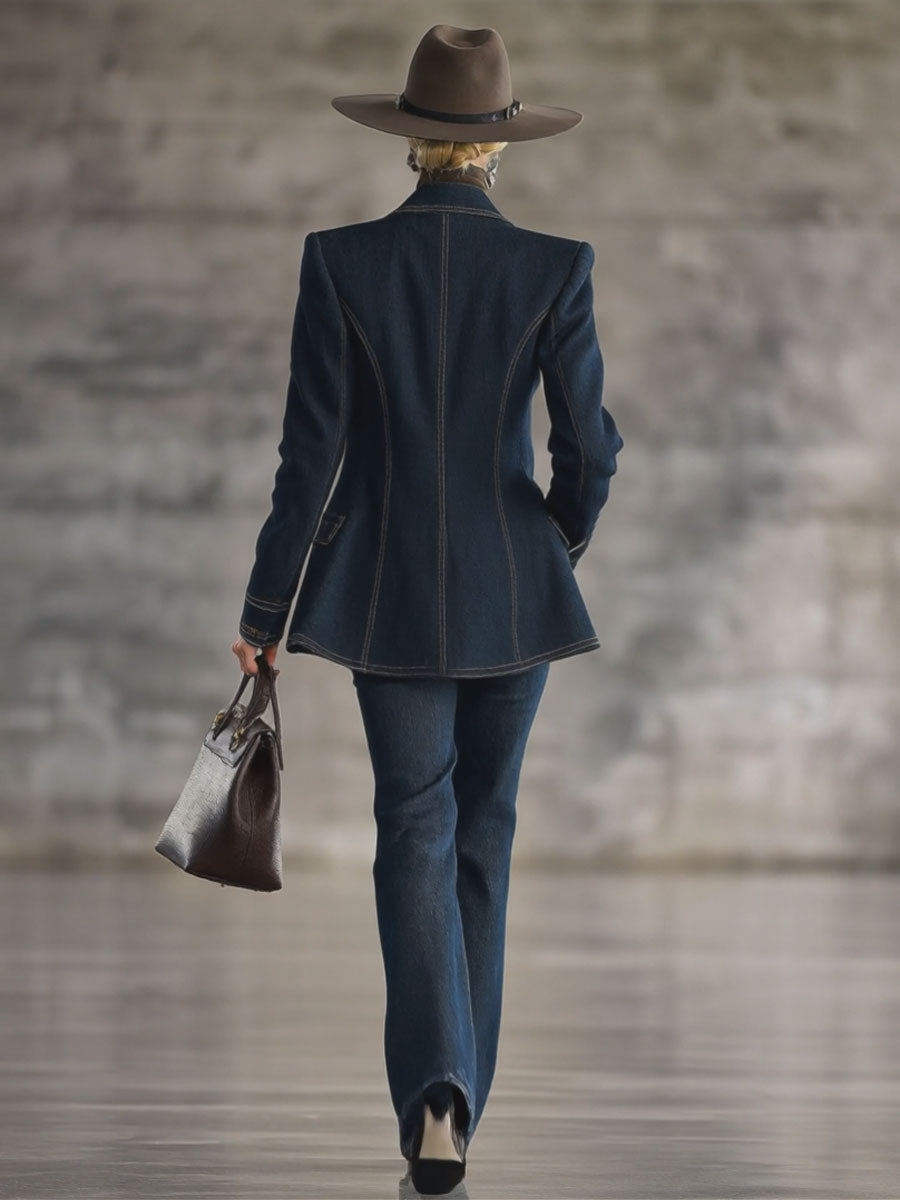 Veste en Jean Bleu Marine avec Détails Rétro