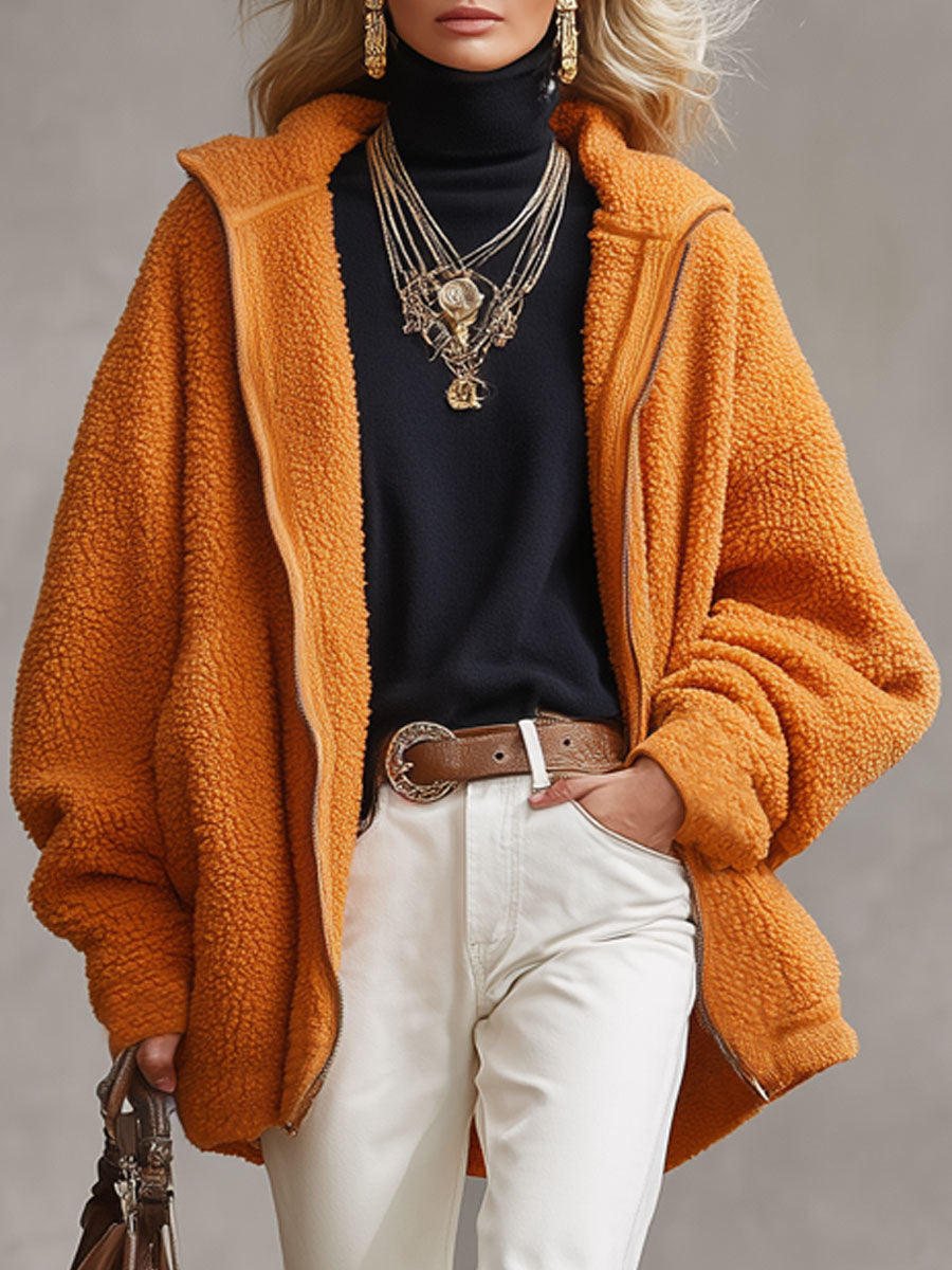 Veste Polaire Orange à Capuche et Fermeture Éclair