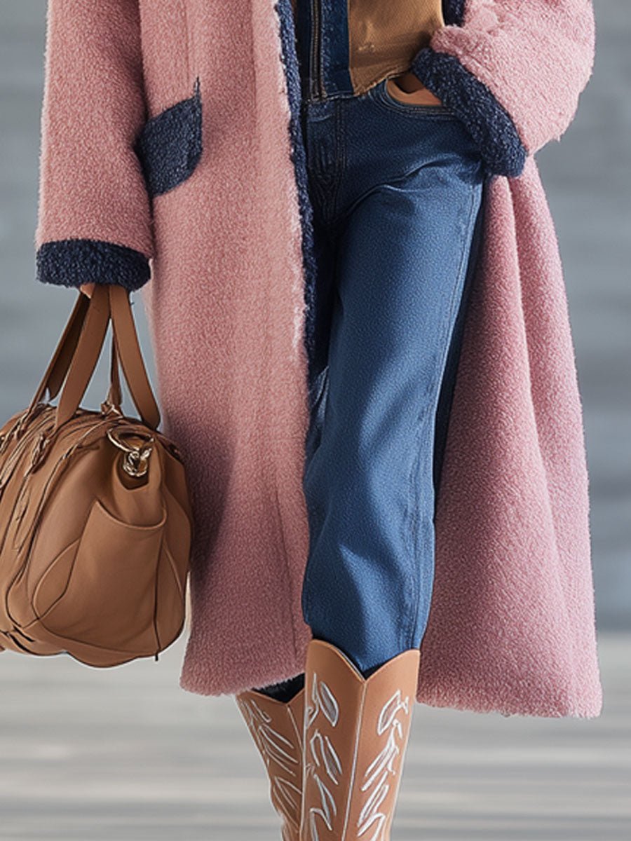 Veste Longue en Polaire Bleu Marine et Rose – Élégance Nomade Urbaine au Style Rétro