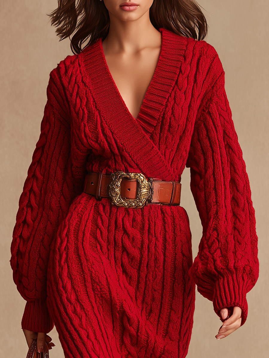 Robe Maxi Tricot à Câbles avec Manches Longues et Décolleté V Rétro