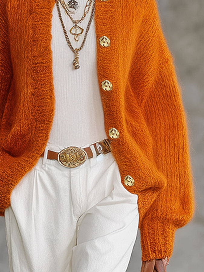 Cardigan Orange Tricoté avec Col Revers et Boutonnage Simple
