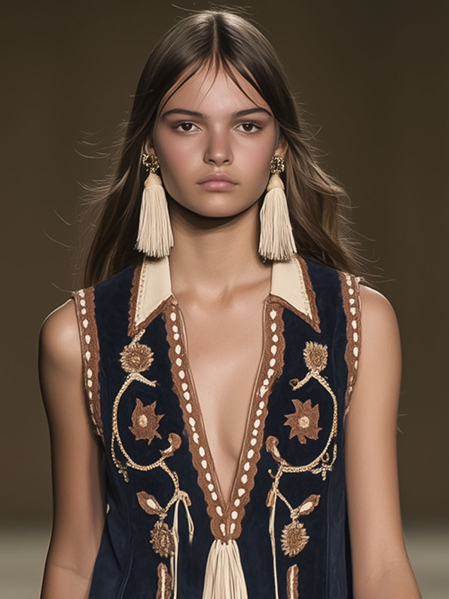 Robe Mini Bohémienne Vintage en Suède Émoussée – Broderies Élégantes et Franges, Expédition Rapide en 24 Heures