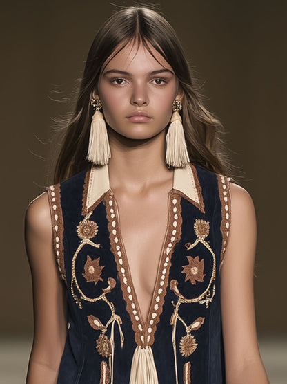 Robe Mini Bohémienne Vintage en Suède Émoussée – Broderies Élégantes et Franges, Expédition Rapide en 24 Heures