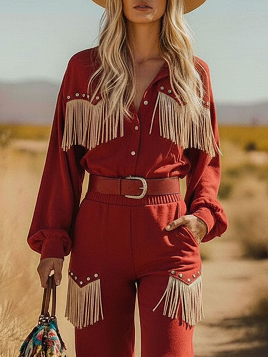 Ensemble Retro Western en Suède Synthétique Rouge avec Chemise à Manches Longues et Pantalon à Franges