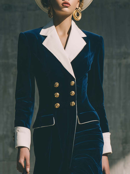 Robe Maxi Vintage en Velours Bleu Foncé avec Revers Contrasté et Double Boutonnage