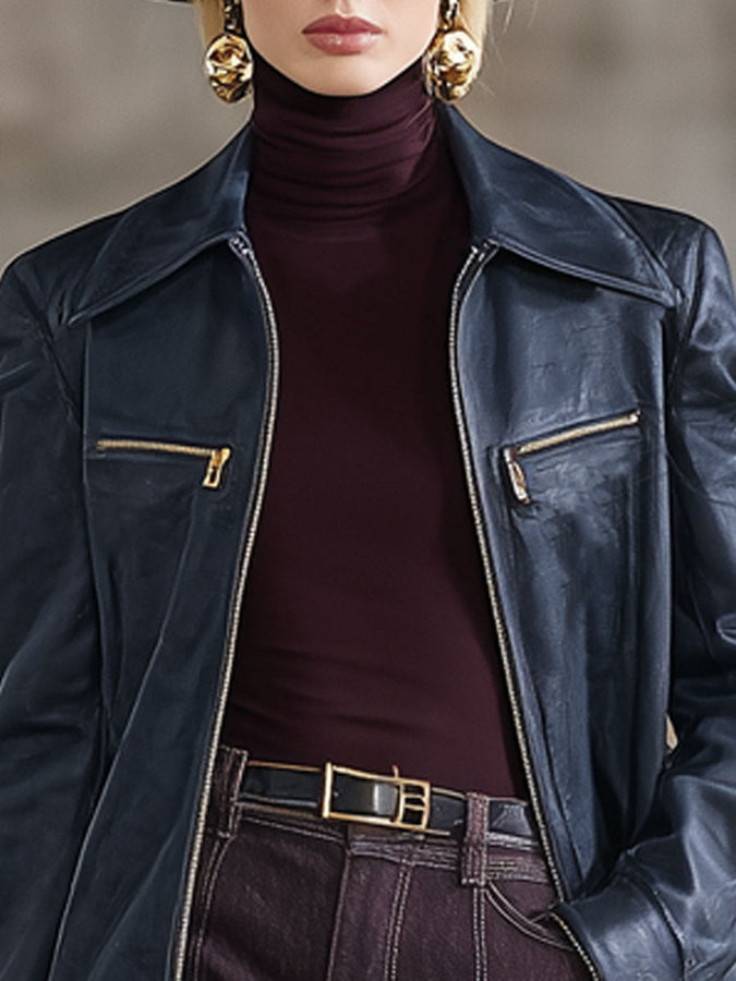 Veste Vintage en Simili Cuir Marine à Zip