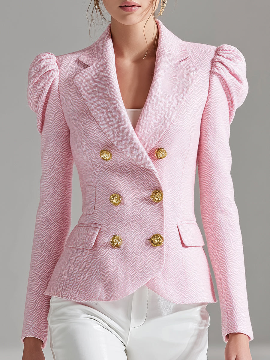 Blazer Rose en Laine à Double Boutonnage avec Manches Bouffantes