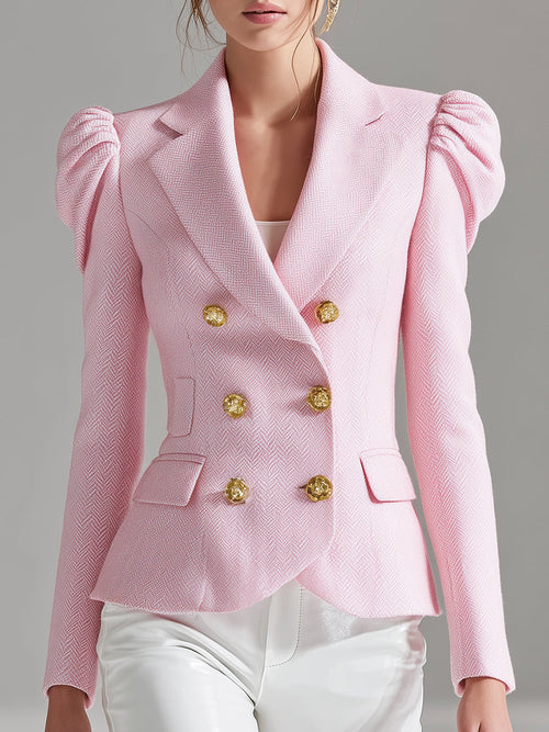 Blazer Rose en Laine à Double Boutonnage avec Manches Bouffantes