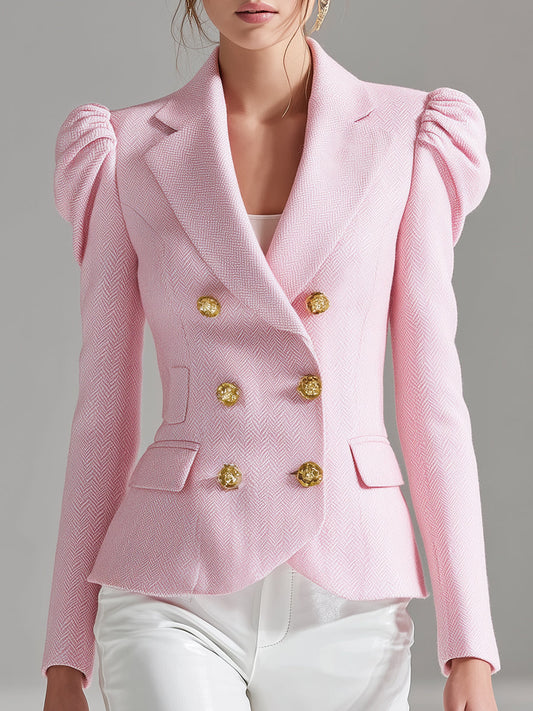Blazer Rose en Laine à Double Boutonnage avec Manches Bouffantes