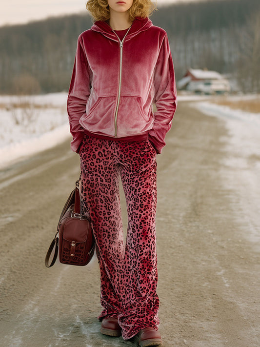 Ensemble Chic en Velours Rose Dégradé avec Pantalon Imprimé Léopard
