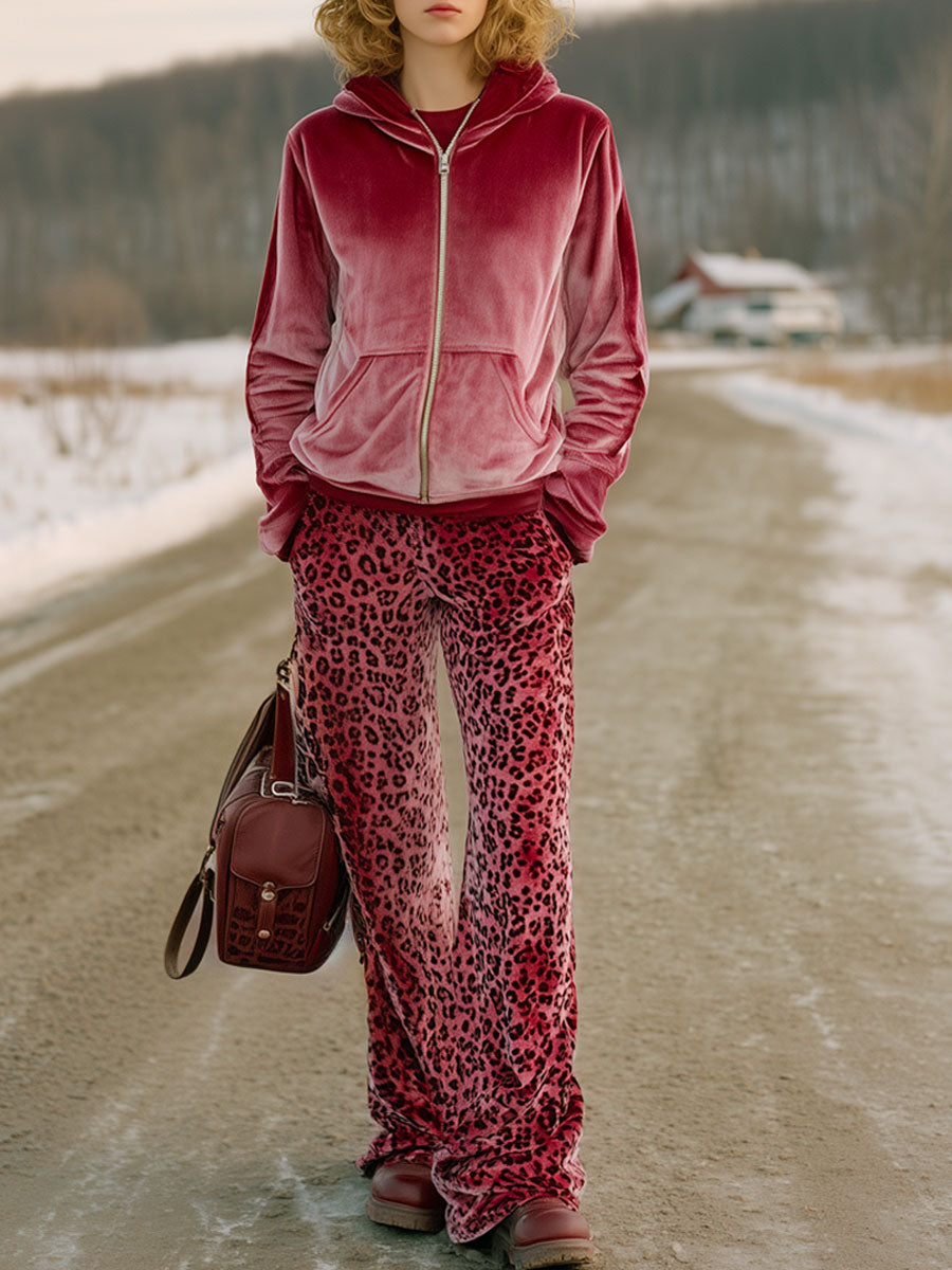 Ensemble Décontracté : Sweatshirt en Velours Rose Dégradé et Pantalon Imprimé Léopard