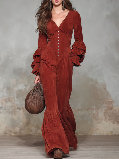 Combinaison Vintage en Faux Suède avec Col en V, Boutons et Manches Longues à Volants