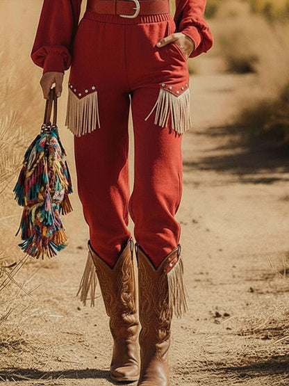 Ensemble Retro Western en Suède Synthétique Rouge avec Chemise à Manches Longues et Pantalon à Franges