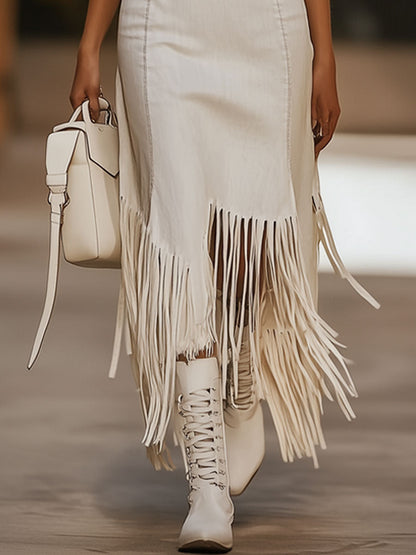 Robe Midi Sans Manches en Denim Blanc Vintage avec Broderie Marron - Expédition Rapide en 24 Heures