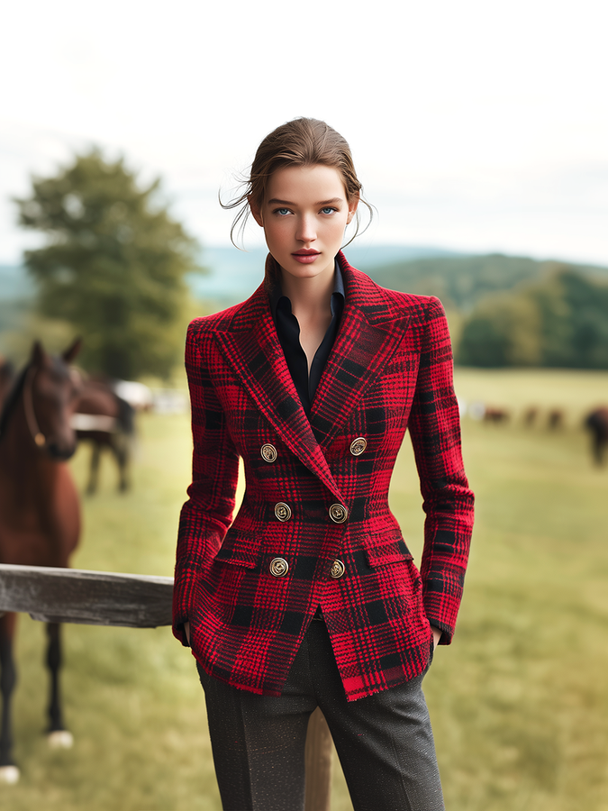 Élégant Blazer Western à Carreaux avec Double Boutonnage Rétro