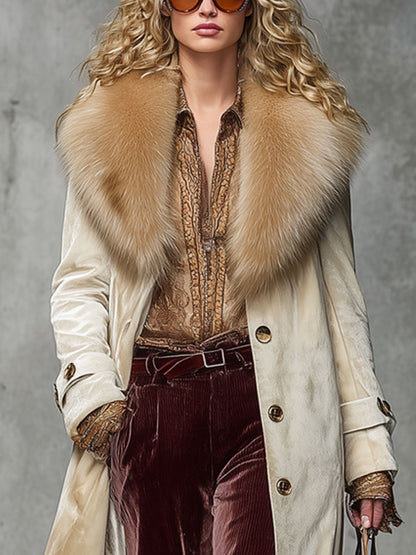 Long Velour Champagne Coat with Elegant Retro Fur Collar