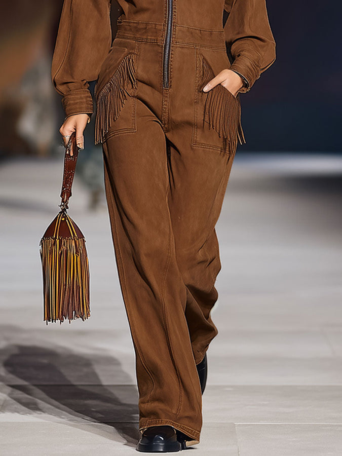 Salopette Longue en Denim Caramel Rétro avec Poches à Franges