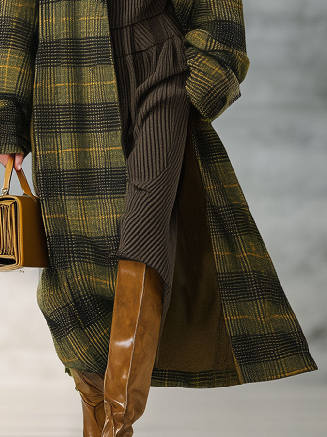 Veste Longue Rétro à Carreaux Jaune et Vert - Style Ample en Laine