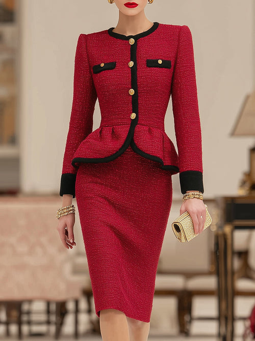 Ensemble Chic en Tweed Rouge Patchwork avec Veste Noire et Jupe Élégante