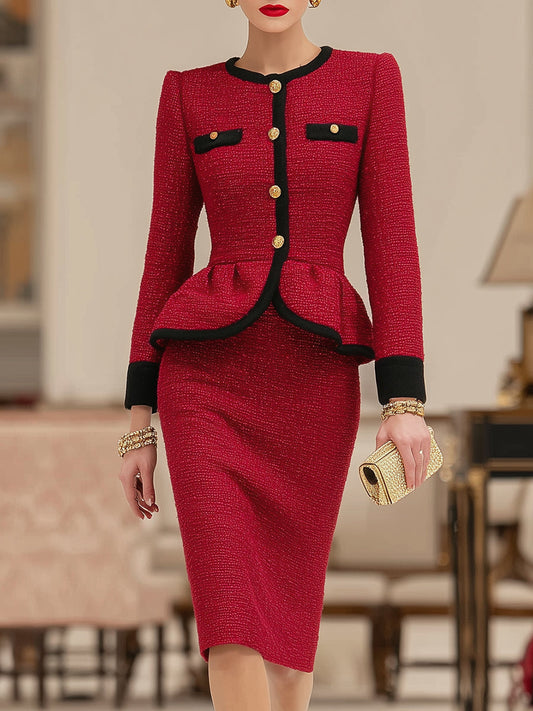 Ensemble Chic en Tweed Rouge Patchwork avec Veste Noire et Jupe Élégante