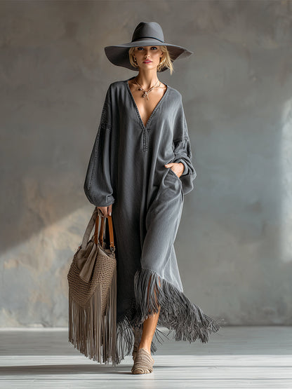 Élégante Robe Maxi Longue en Denim Gris à Manches Longues et Franges