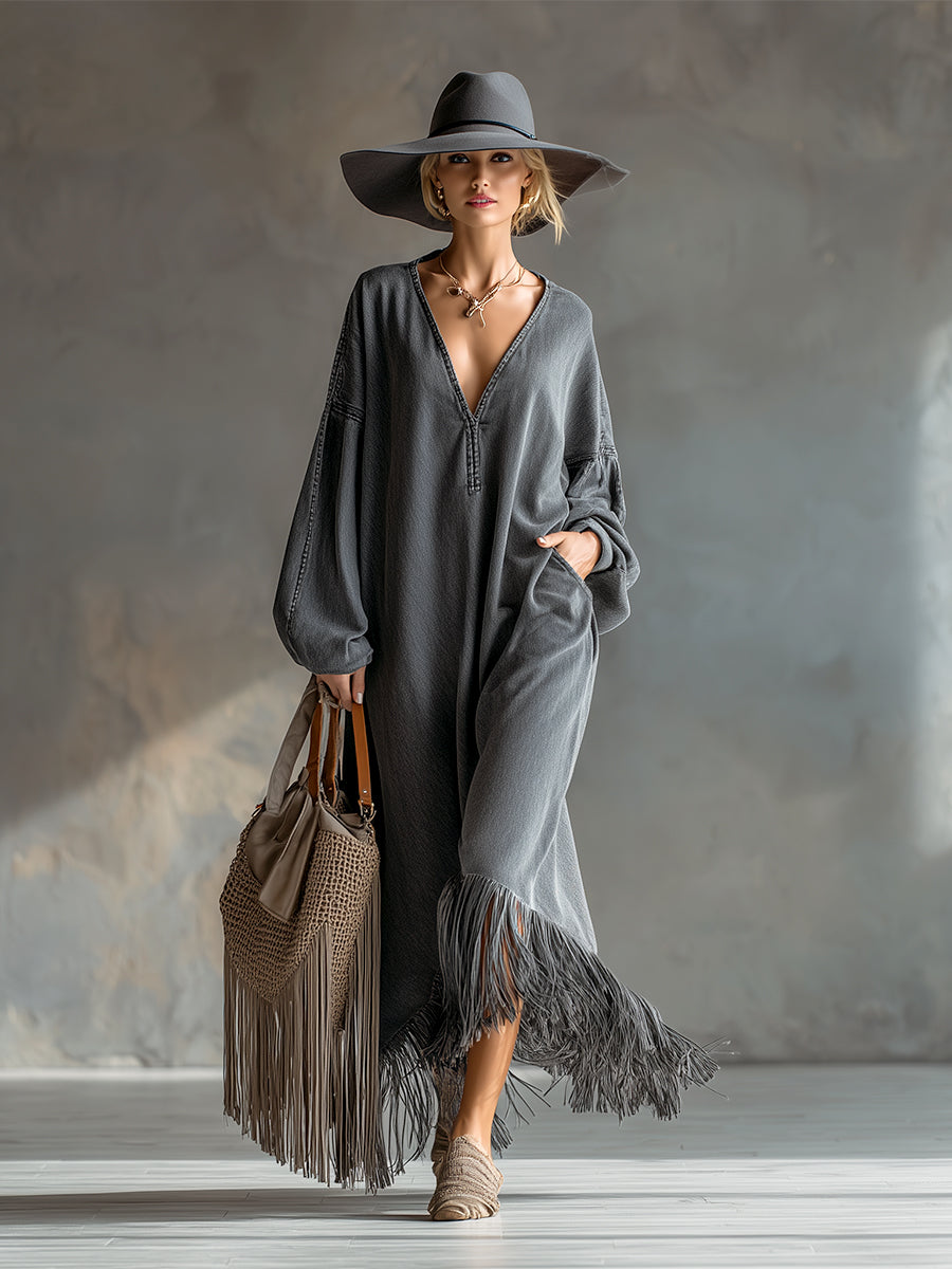 Maxi Robe en Denim Gris Élégante avec Franges Chic