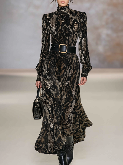 Robe Maxi en Velours Imprimé Serpent - Élégance à Col Montant et Manches Longues