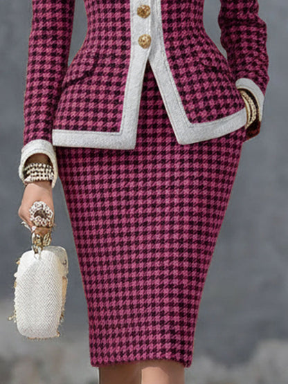 Chic Ensemble Blazer et Jupe à Motif Pied-de-Poule