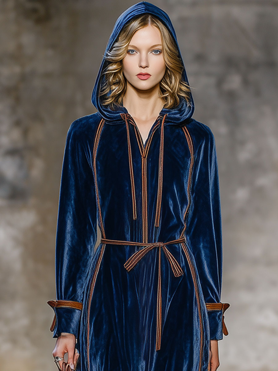 Robe Maxi en Velours Bleu Nuit à Capuche avec Détails Marron