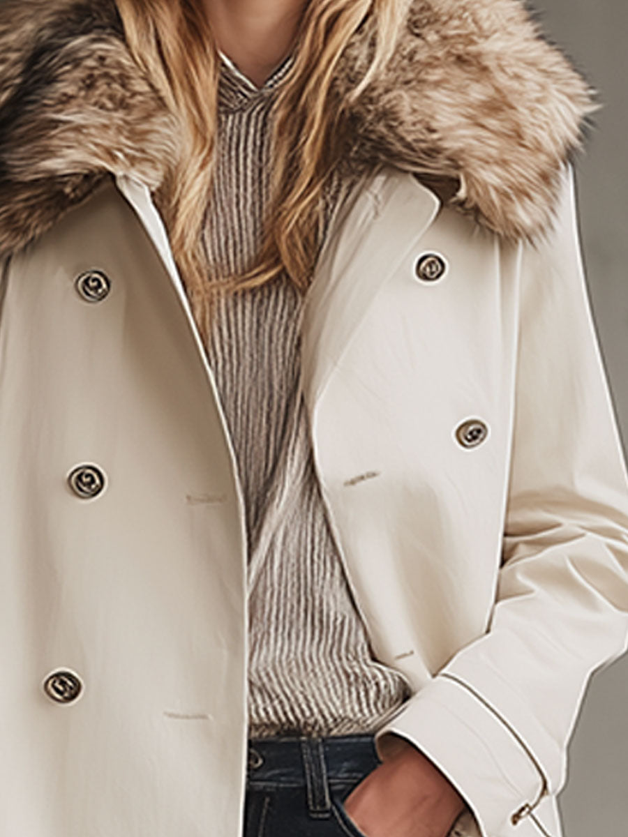 Trench mi-long crème avec col en fourrure luxueuse