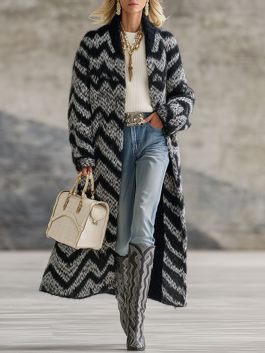 Cardigan Rétro à Rayures Zigzag Noir et Blanc